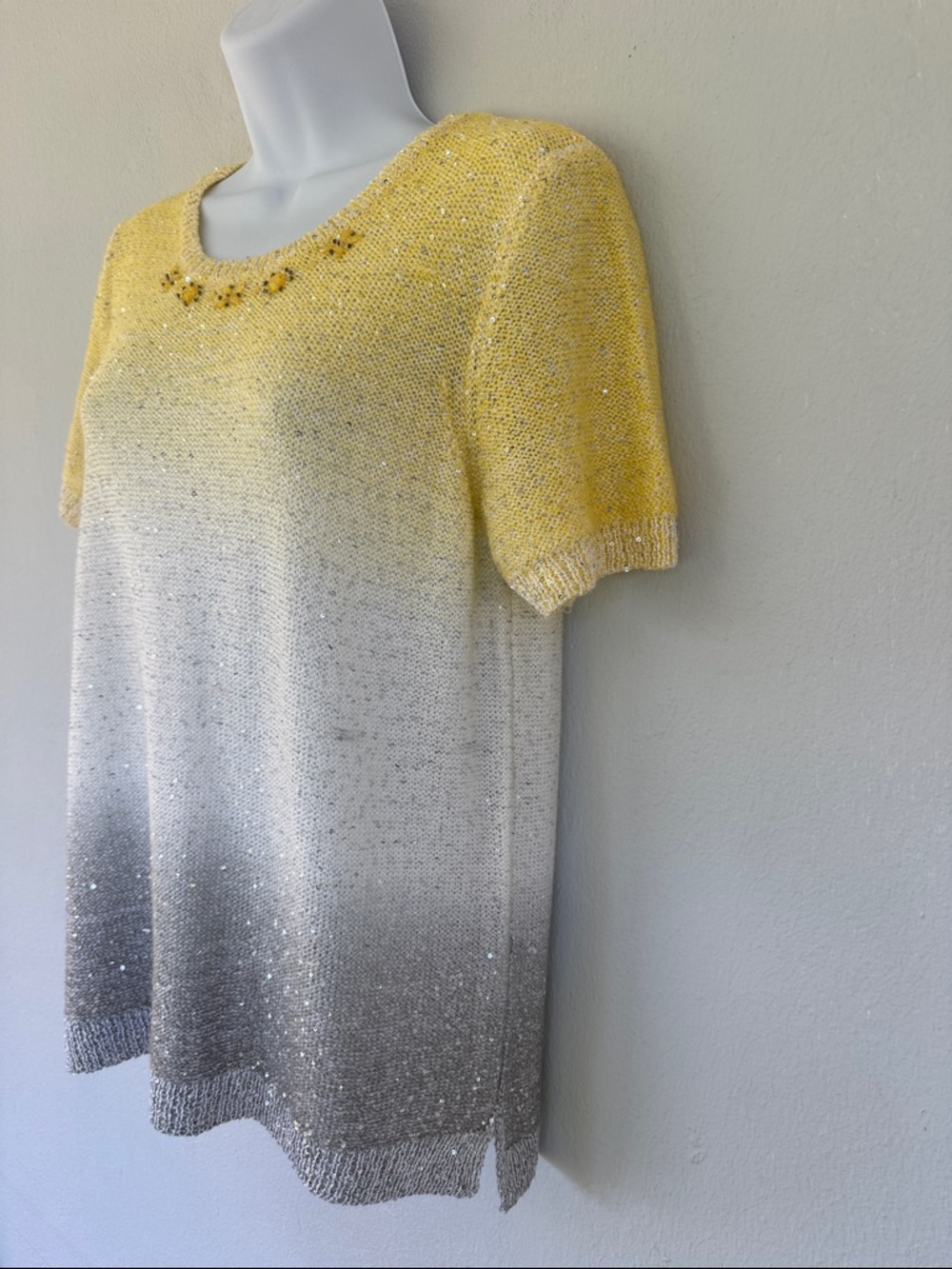 Alfred Dunner Petite yellow gray ombré glitter sequin short sleeve sweater PM - Picture 6 of 8